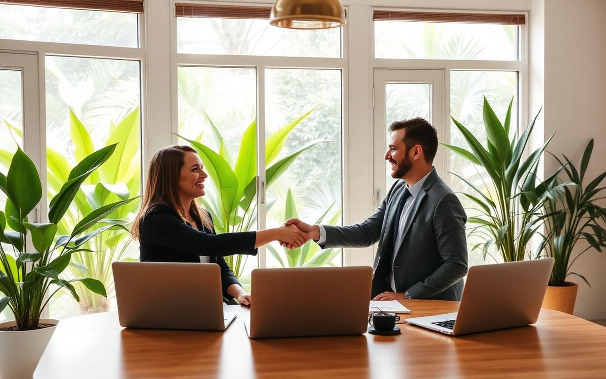 Business professionals shaking hands in a Bali meeting room