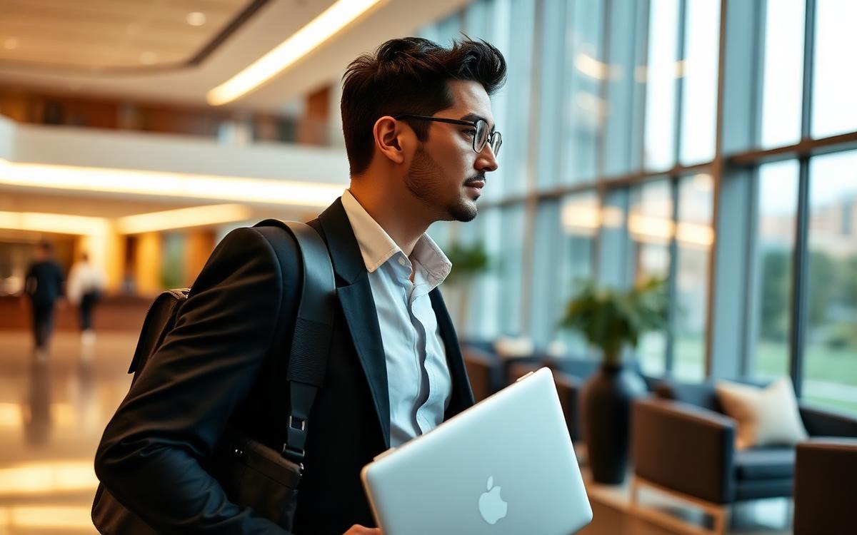 Business traveler in hotel lobby — multi-entry business trip