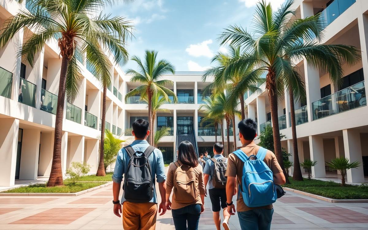 Students with backpacks on a modern Indonesian university campus