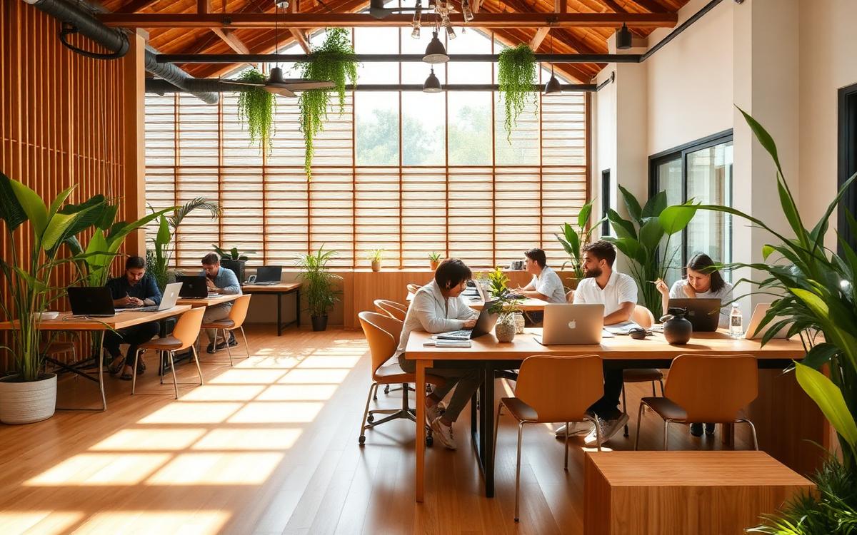 Bright Bali coworking space with professionals at laptops