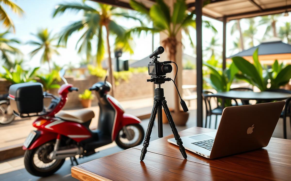 Content creator with camera and laptop at a Bali café with scooter