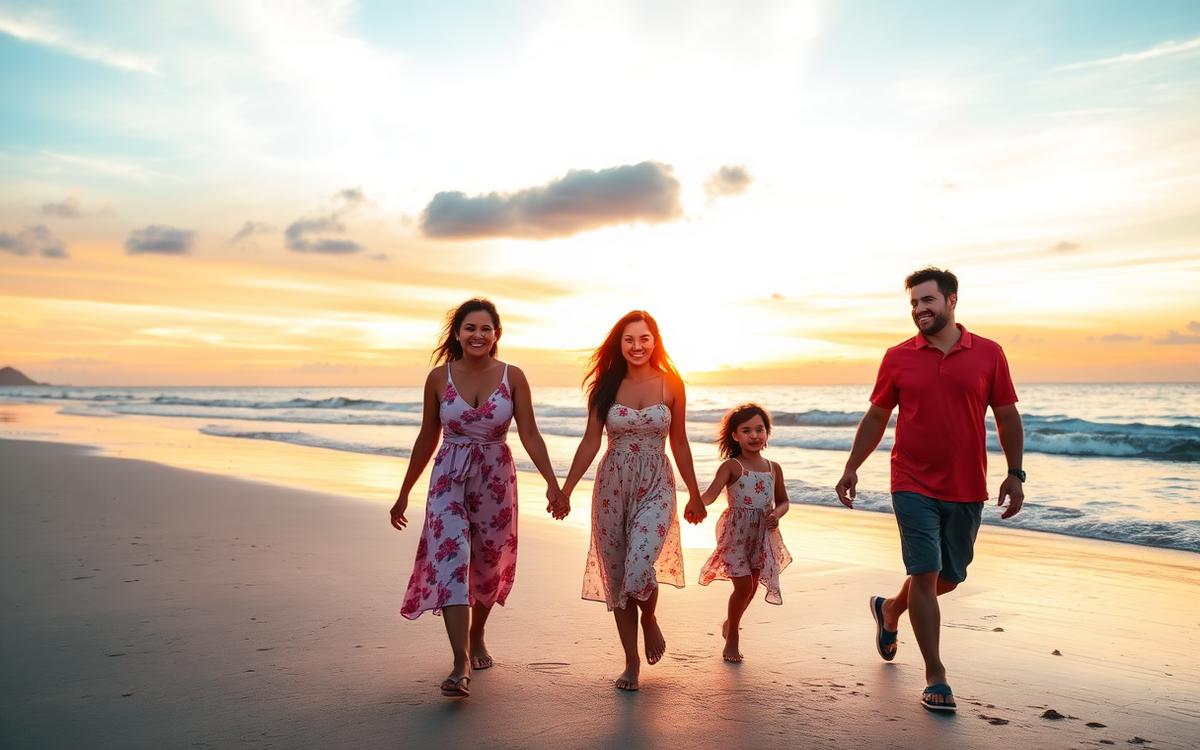 Family of four walking on a Bali beach at sunset