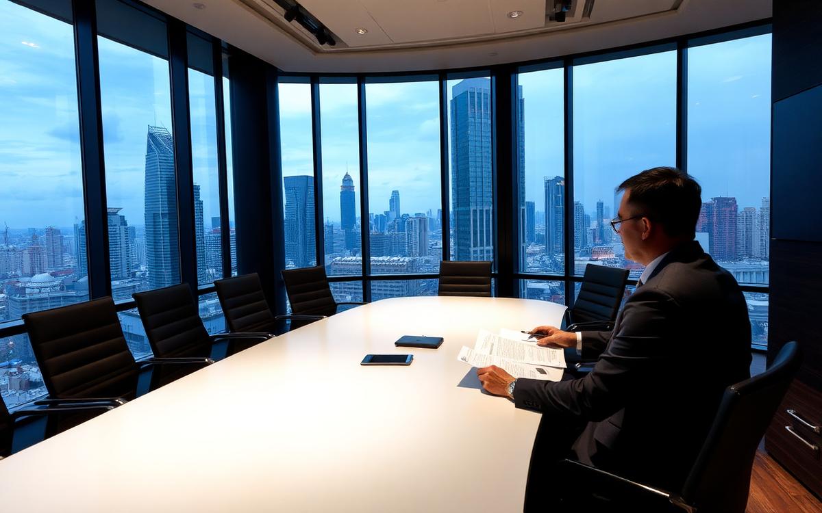 Investor reviewing documents in modern Jakarta boardroom with skyline
