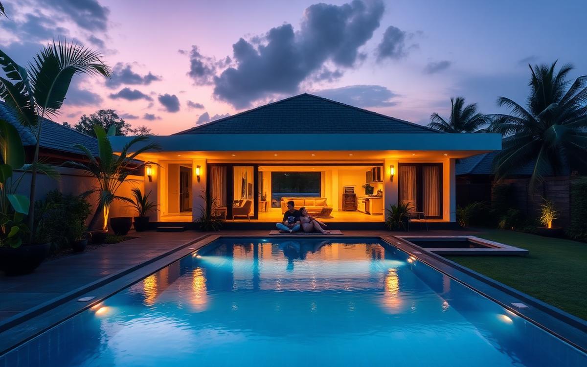 Modern Bali villa with pool at dusk — long-term residency