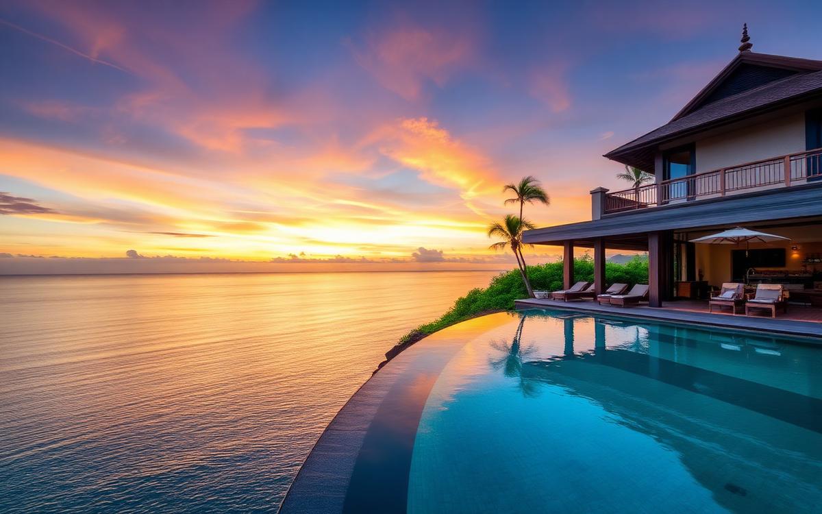 Luxury clifftop Bali villa with infinity pool at sunset