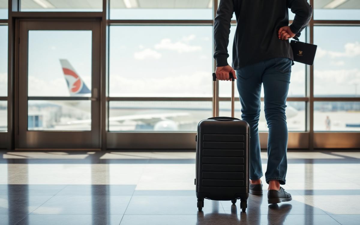 Traveler at a boarding gate with plane visible — multi-entry travel