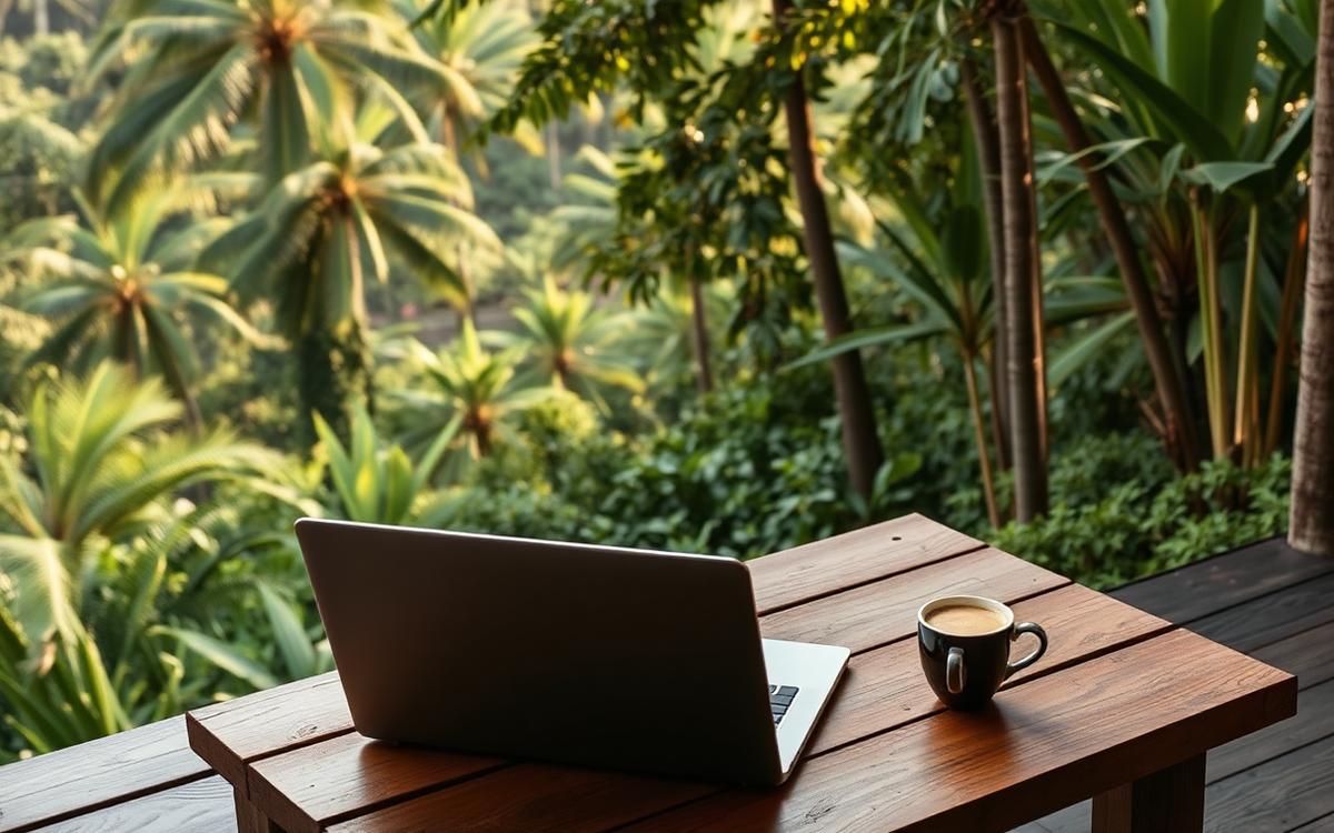 Remote worker with laptop overlooking Bali jungle